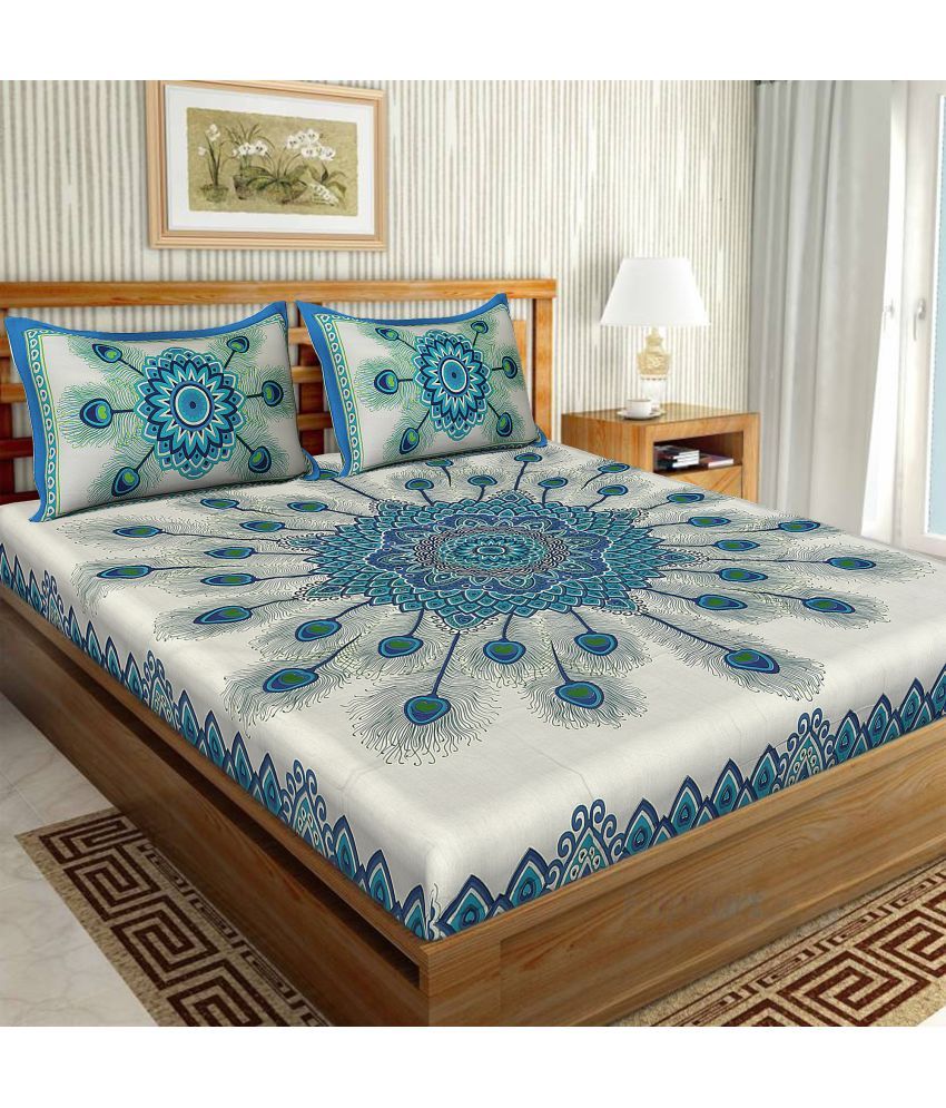     			Uniqchoice Cotton Floral Double Bedsheet with 2 Pillow Covers - Blue