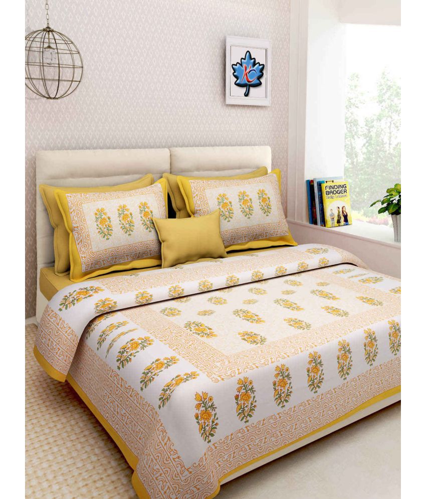     			Uniqchoice Cotton Floral Double Bedsheet with 2 Pillow Covers - Yellow