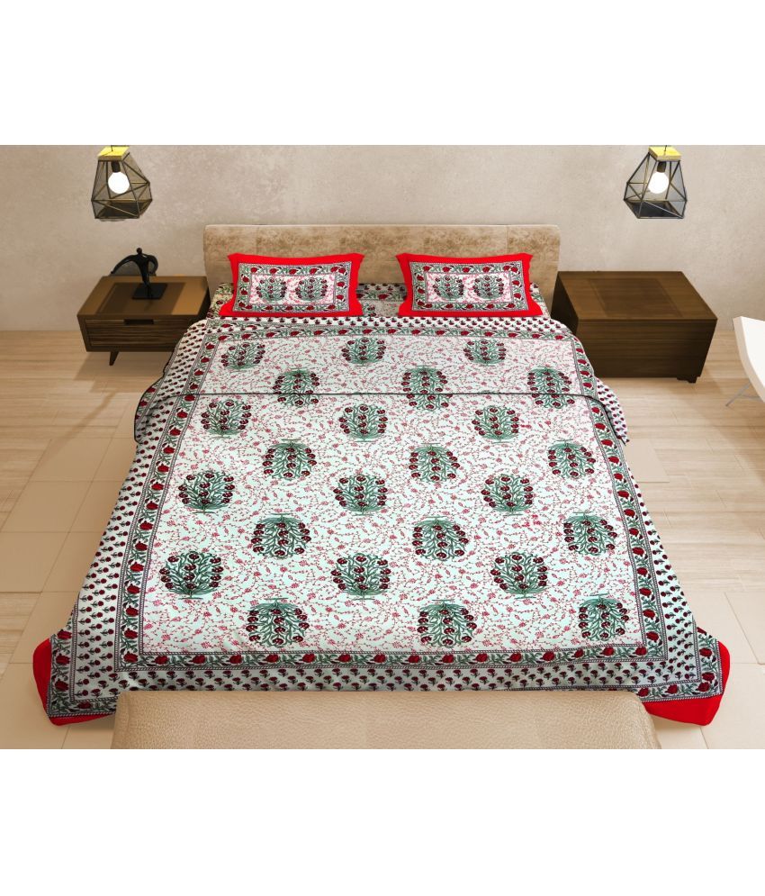     			Uniqchoice Cotton Floral Double Bedsheet with 2 Pillow Covers - Red