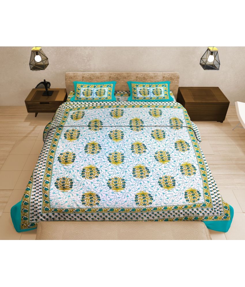     			Uniqchoice Cotton Floral Double Bedsheet with 2 Pillow Covers - Turquoise