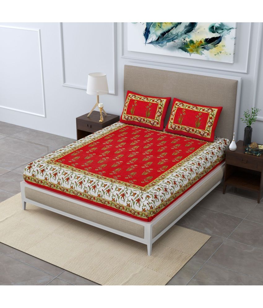     			Uniqchoice Cotton Floral Double Bedsheet with 2 Pillow Covers - Red