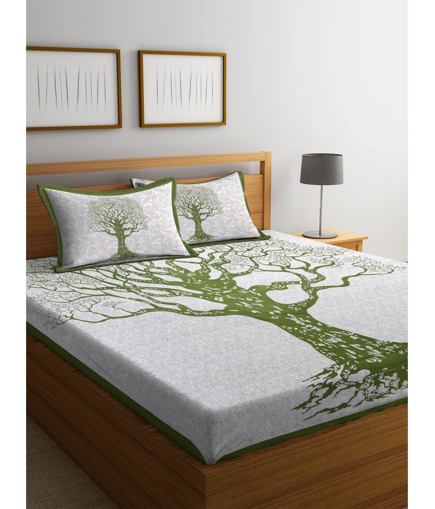     			Uniqchoice Cotton Floral Double Bedsheet with 2 Pillow Covers - Green