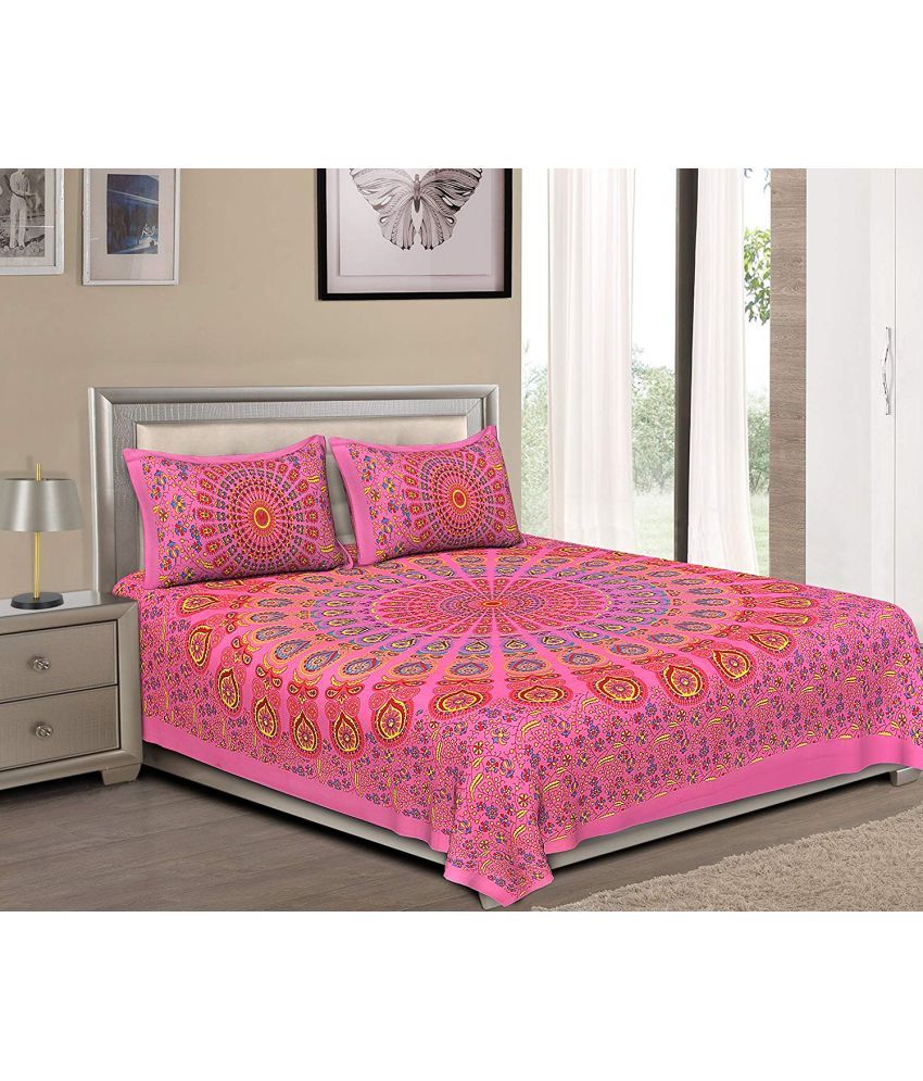     			Uniqchoice Cotton Floral Double Bedsheet with 2 Pillow Covers - Pink