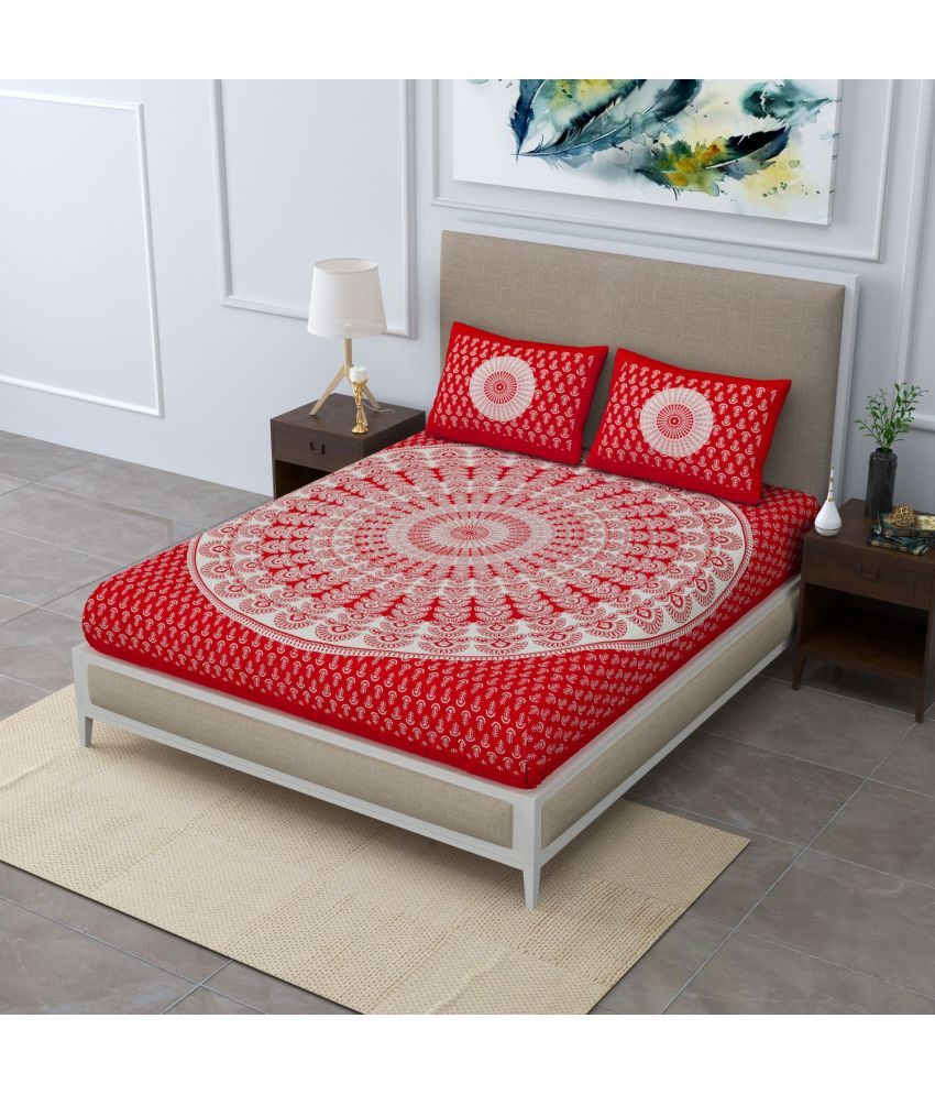     			Uniqchoice Cotton Floral Double Bedsheet with 2 Pillow Covers - Red