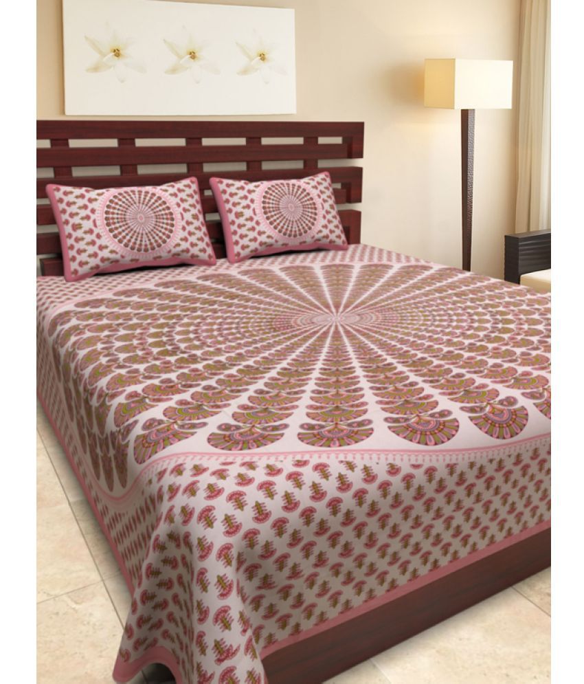     			Uniqchoice Cotton Floral Double Bedsheet with 2 Pillow Covers - Pink