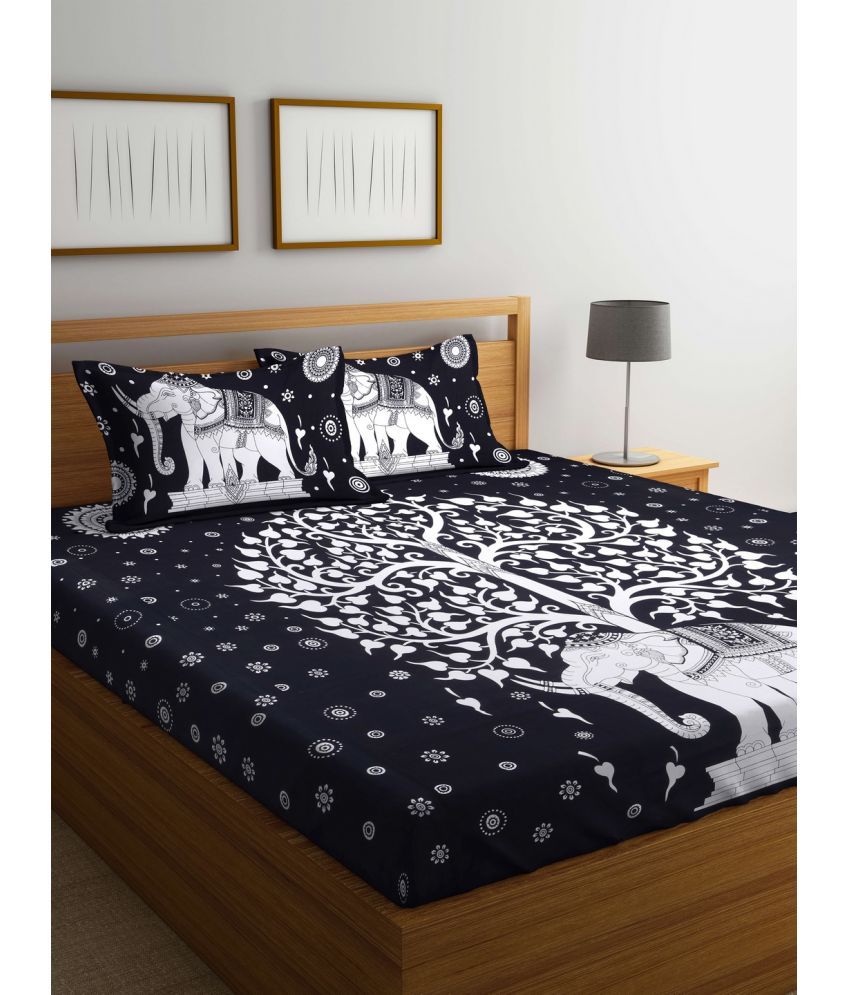     			Uniqchoice Cotton Floral Double Bedsheet with 2 Pillow Covers - Black