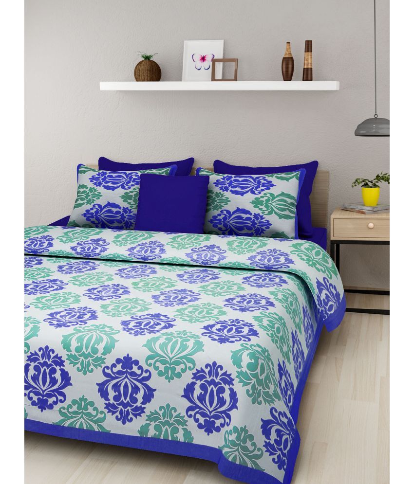     			Uniqchoice Cotton Floral Double Bedsheet with 2 Pillow Covers - Blue