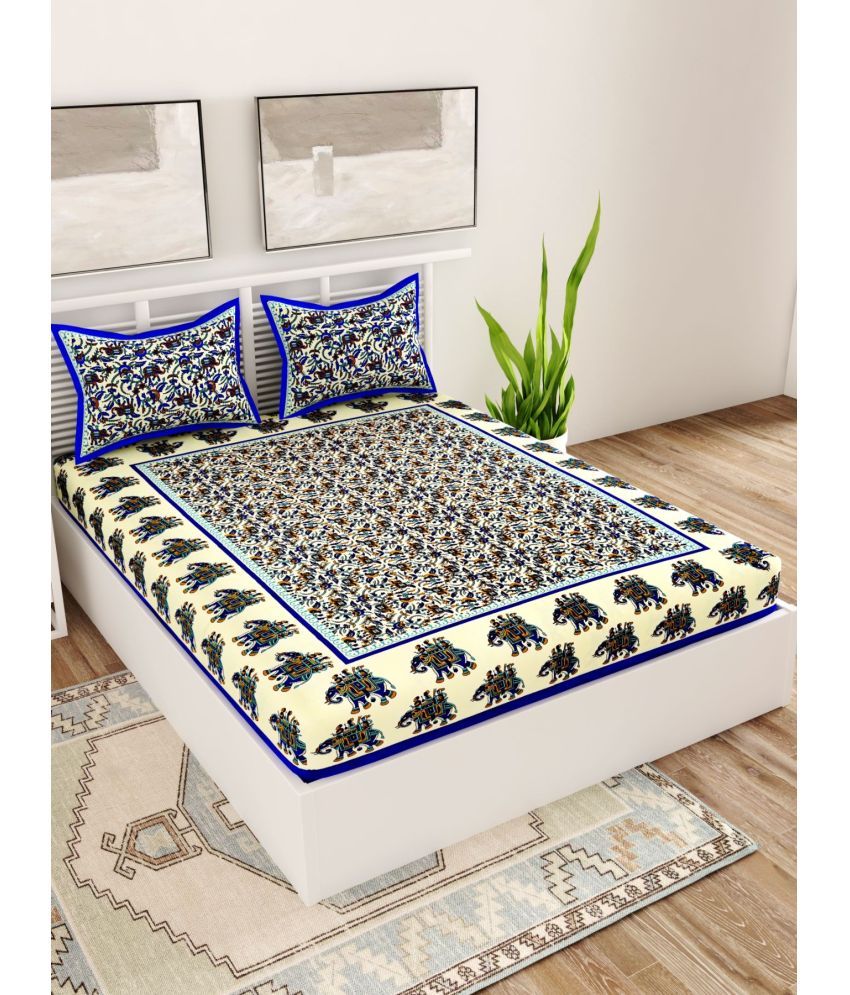     			Uniqchoice Cotton Floral Double Bedsheet with 2 Pillow Covers - Blue