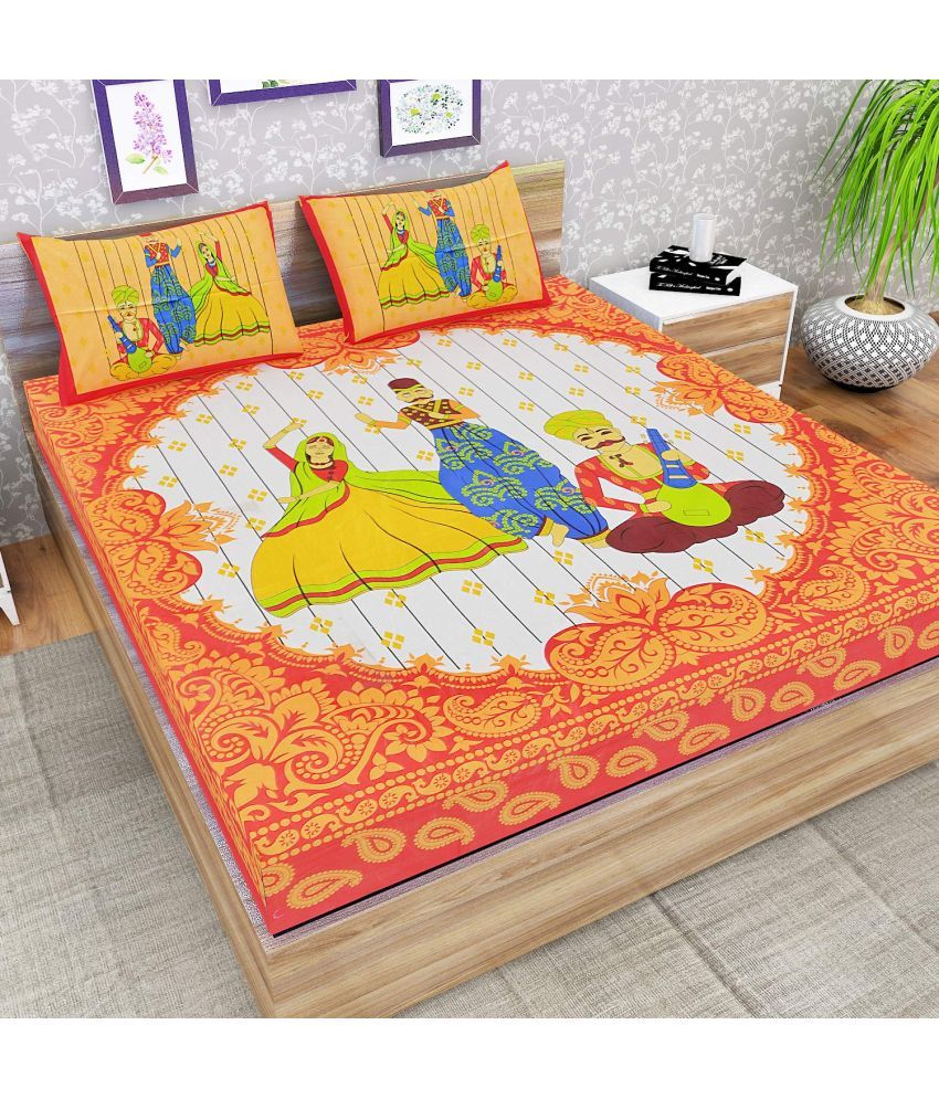     			Uniqchoice Cotton Floral Double Bedsheet with 2 Pillow Covers - Orange