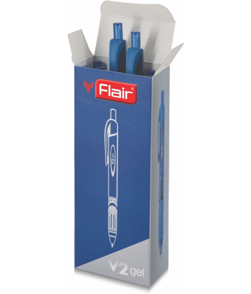     			FLAIR V2 Retractable 0.7mm Gel Pen Box Pack | Water Proof, Smudge Free & Refillable Ink For Smooth Writing Experience | Comfortable Grip For Easy Handling | Blue Ink, Pack of 10 Pens