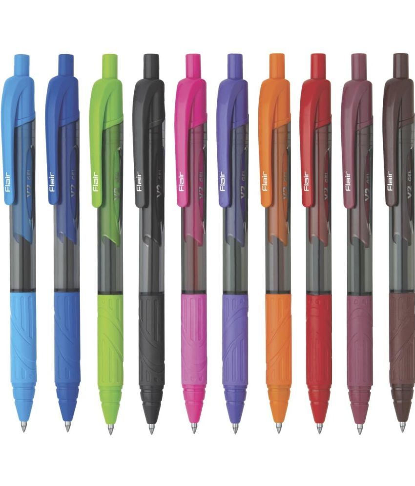     			FLAIR V2 Retractable 0.7mm Gel Pen Box Pack | Water Proof, Smudge Free & Refillable Ink For Smooth Writing Experience | Comfortable Grip For Easy Handling | Set of 10 Different Ink Colors, Pack of 2