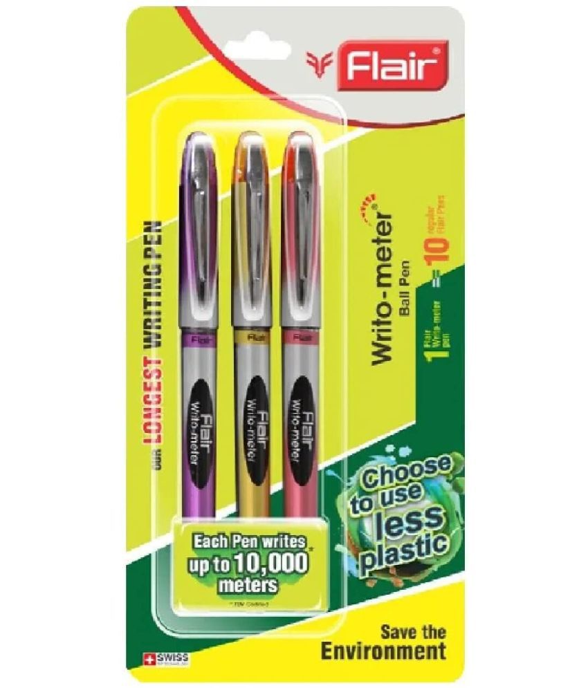     			FLAIR Writometer Ball Pen Blister Pack | 0.6 mm Tip Size | Our Longest Writing Pens, Writes Upto 10,000 Meters | Ensures Smoothness & Durability | Blue Ink, Pack of 9 Pens
