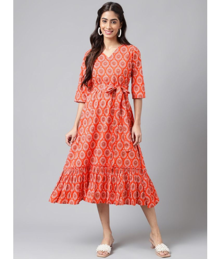     			Janasya - Orange Cotton Women's Fit & Flare Dress ( Pack of 1 )