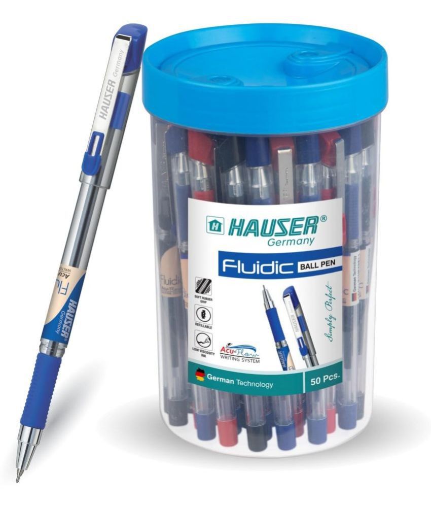     			Hauser Fluidic 0.55mm Ball Pen Jar Pack | Rubber Grip With Acu Flow Writing System | Trendy Metal Clip | Clear Body Refillable Ball Pen | Blue, Black & Red Ink, Pack of 50 Pens
