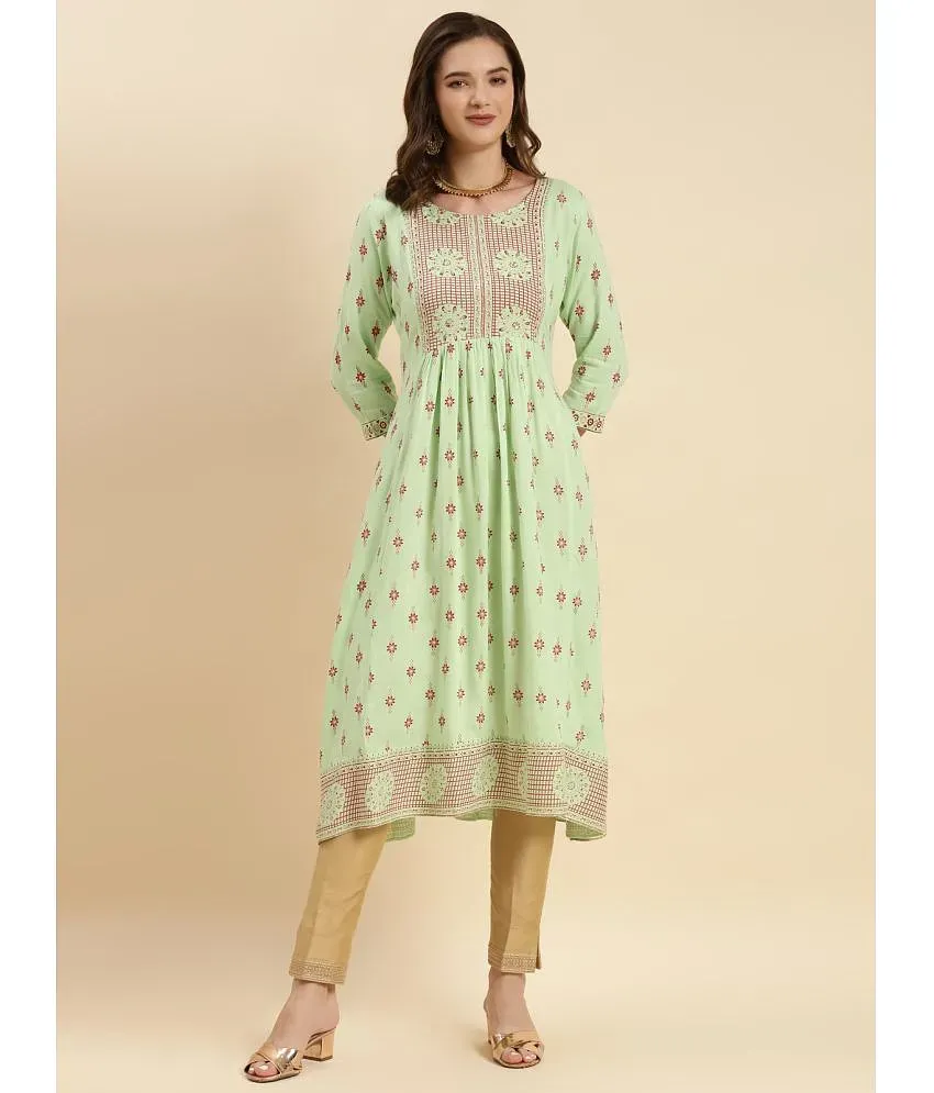 Rangita Women Mint Green Rayon Embroidered Calf Length Flared