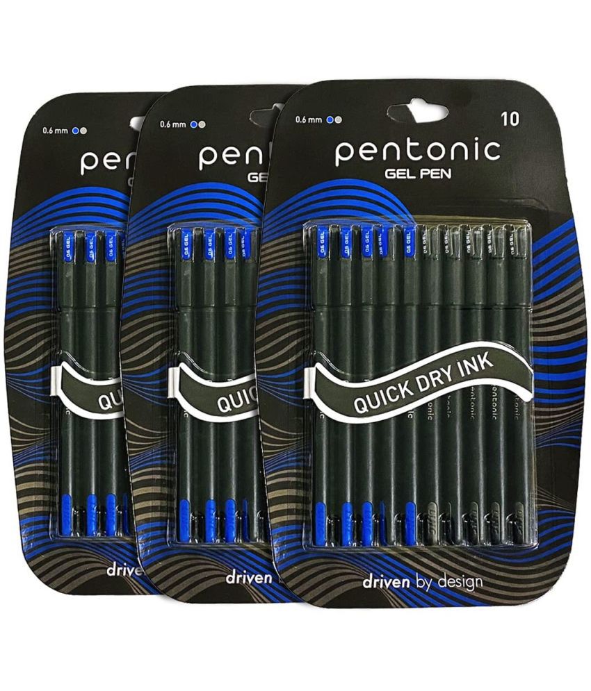     			Pentonic Gel Pen Blister Pack | Tip Size 0.6 mm | Click Off Mechanism With Black Matte Finish Body | Quick Dry, Waterproof Ink For Smooth Writing Experience | Blue ink, Seot Of 10 x Pack Of 3