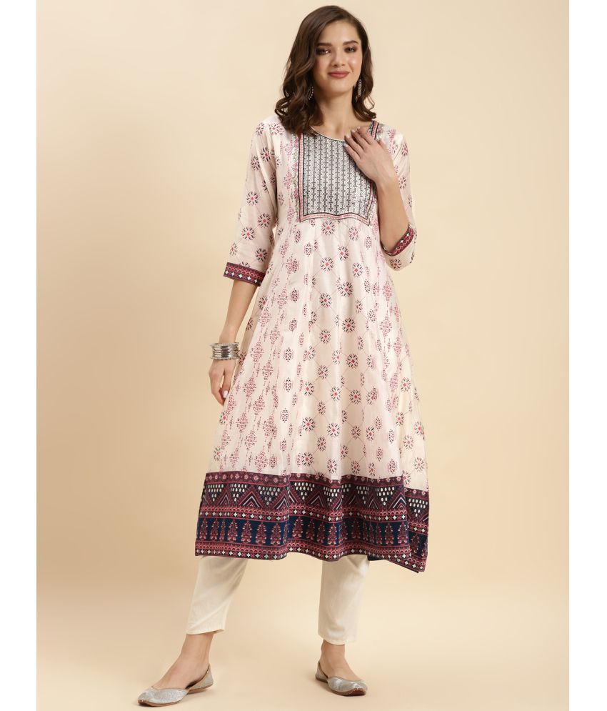     			Rangita Women Off White Chanderi Embroidered Calf Length Flared Kurti