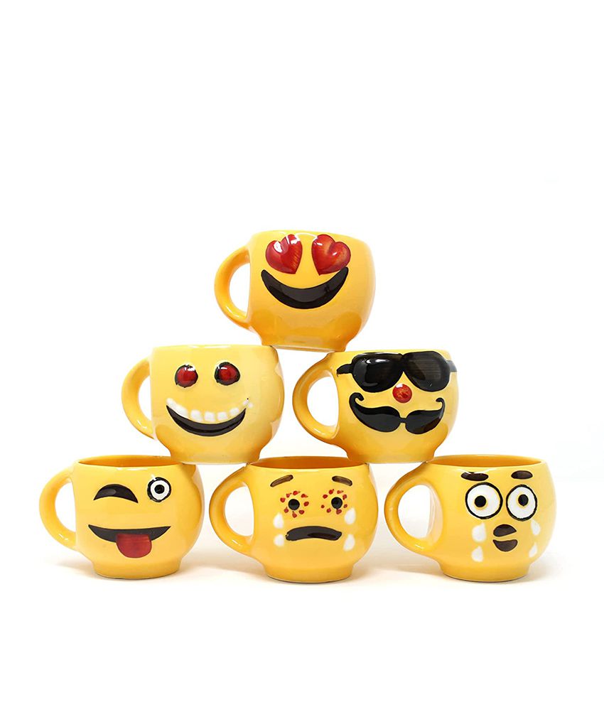     			HOMETALES - Yellow Smiley Ceramic Tea Cup, 130ml each (Pack of 6)