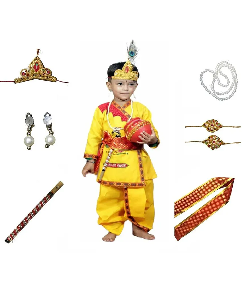 Buy Krishna Costume for Kids, Baby Krishna Dress for Janmashtami, Kanha  Dress, Krishnaleela Pure Cotton Costume, Infant Bal Gopal, Krishna Fancy  Dress Costume for Boys/Girls (12) Online at Low Prices in India -