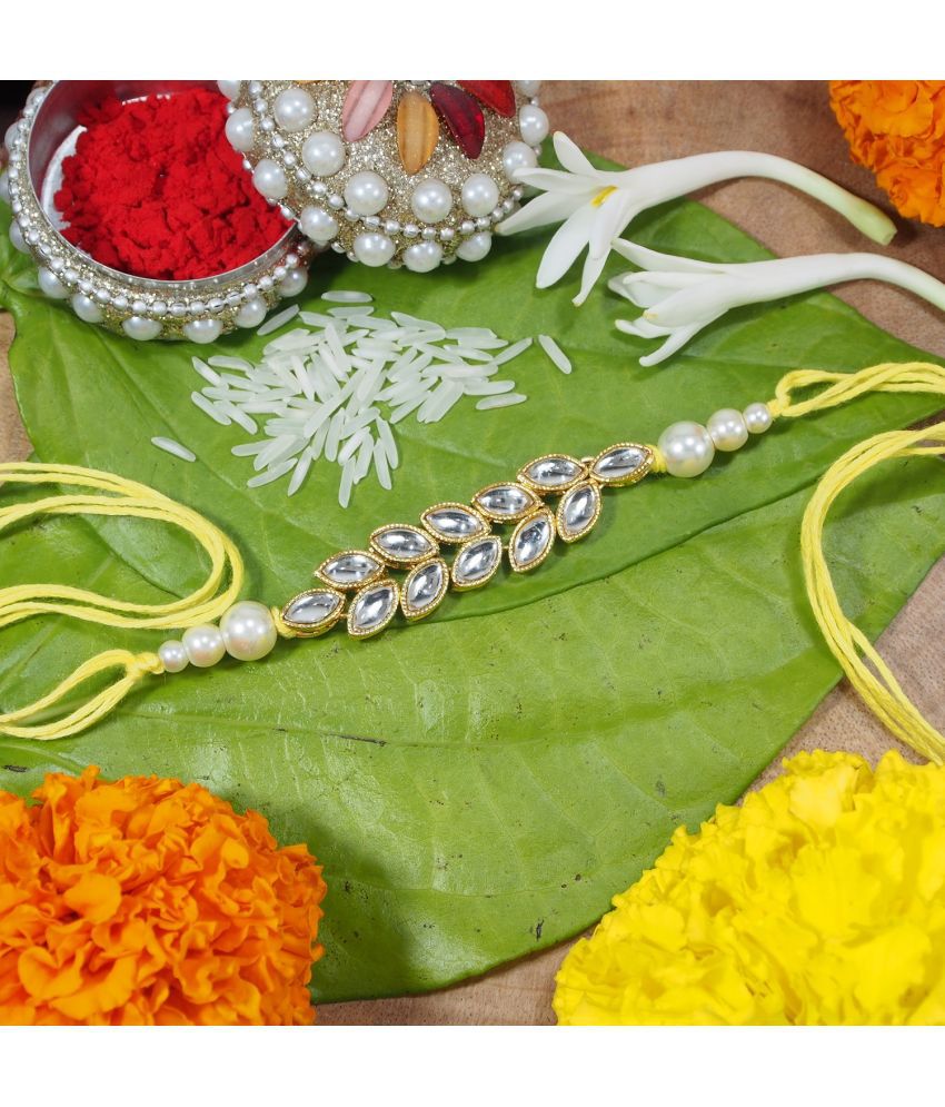     			I Jewels Gold Plated Ethnic Designer Pearl Beads Rakhi Bracelet for Brother (R024-R) Pack of 1