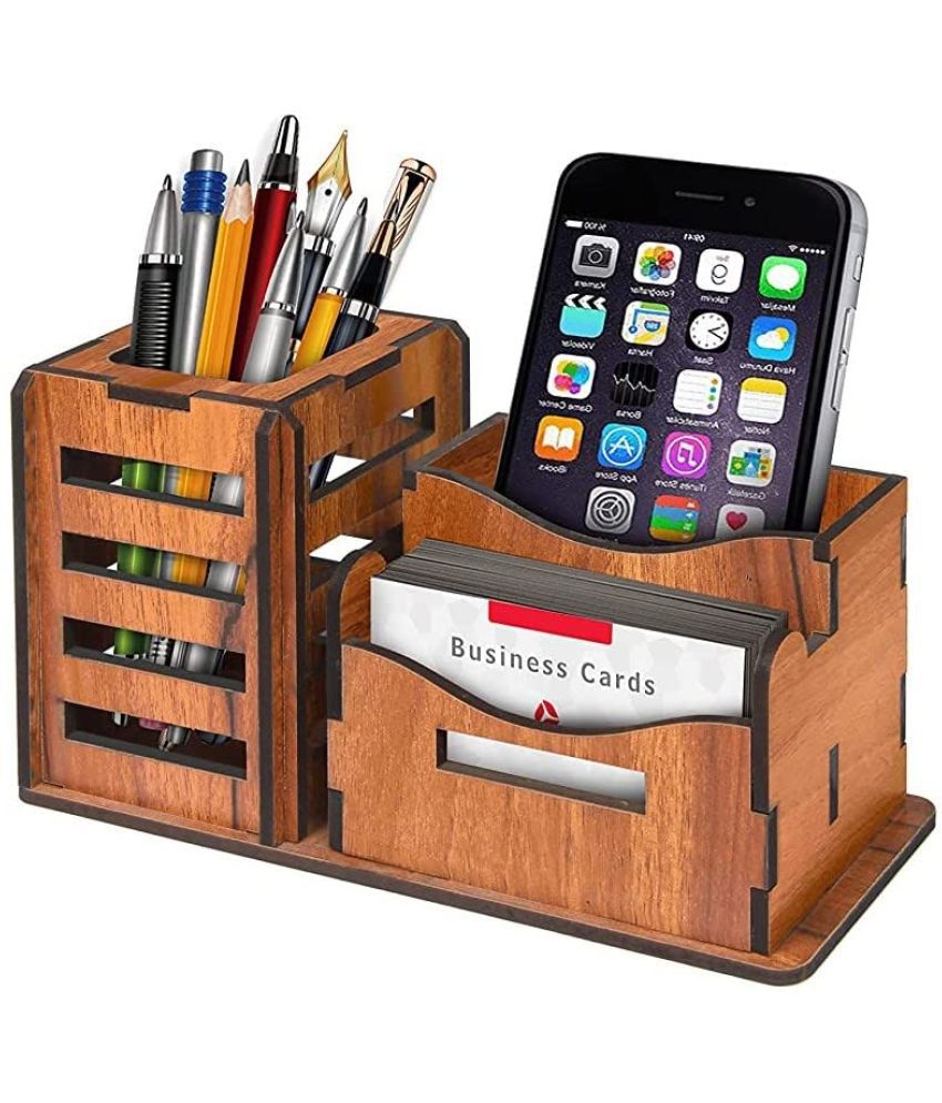     			3 in 1 Pen Stand with Visiting Card & Mobile Holder Multipurpose Wooden Desk Organizer Pen and Pencil Stand for Office Table with Business Card Holder Box and Mobile Stand