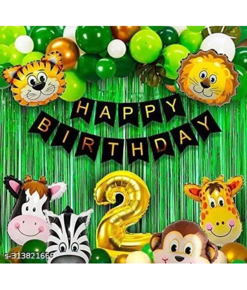     			KR 2nd Happy Birthday Balloons Decoration Set - (53 Pcs) Birthday 13 Letter Foil + 2 Pcs Fringe Foil Curtain + 6 Pcs Set of Jungle Theme & Balloon Arch with 30 Pcs HD. balloon , 2 no. Gold foil
