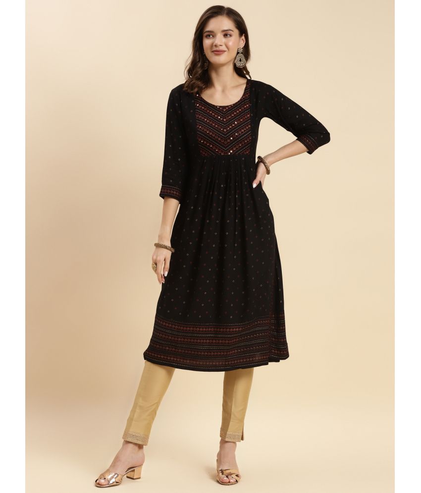     			Rangita Women Black Rayon Embroidered Calf Length A-line Kurti