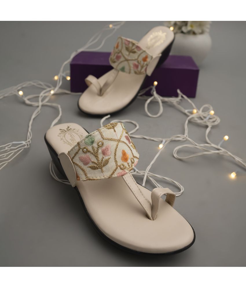     			Shoetopia Embroidered Ethnic Cream Kolhapuri Wedgess & Girls