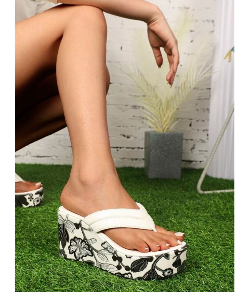     			Shoetopia Floral printed heel detailed White Wedges & Girls