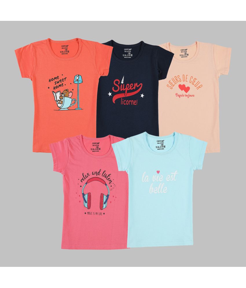     			CATCUB - Multicolor 100% Cotton Girls T-Shirt ( Pack of 5 )