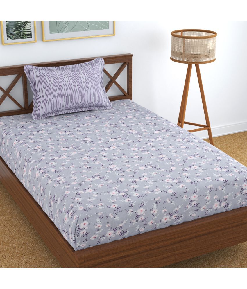     			Homefab India Cotton Floral Single Bedsheet with 1 Pillow Cover - Blue
