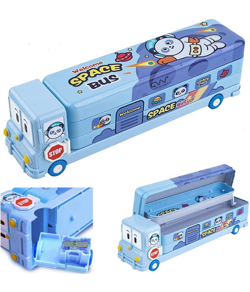     			Villy Pencil Box with Wheel Tyres&Sharpner Double Compartment Bus Shape Geometry Box