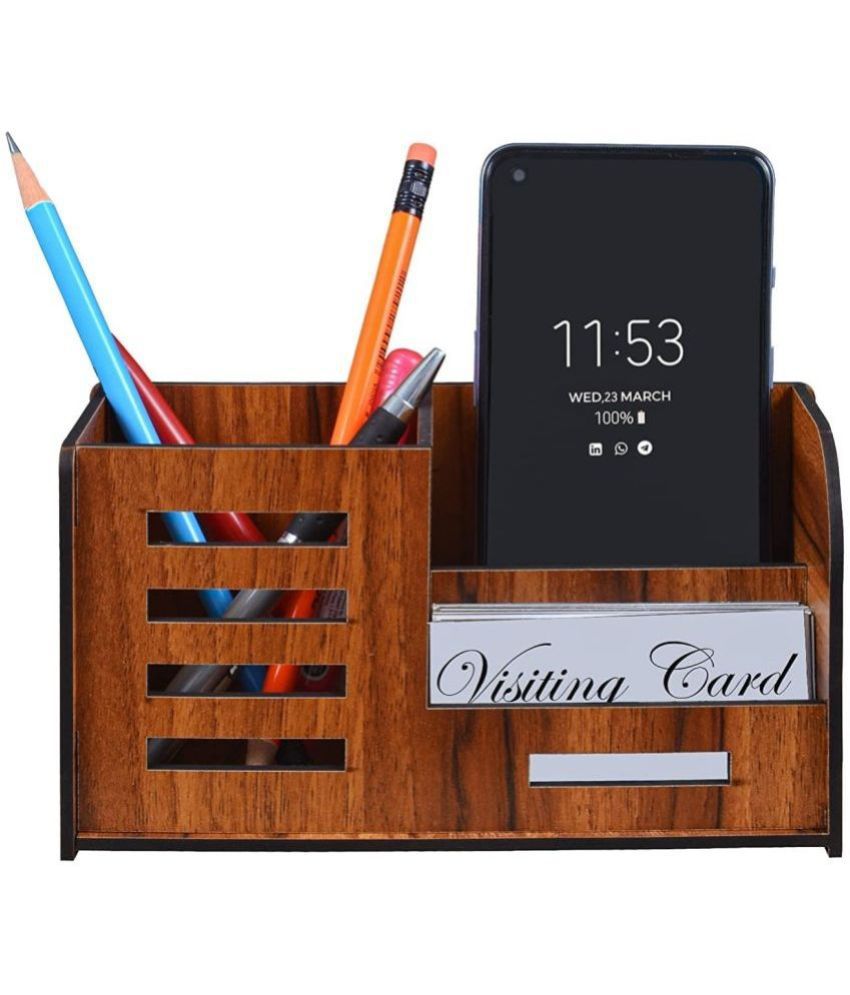     			Wooden Desk Organizer Pen And Pencil Stand For Office Pen Stand With Visiting Card & Mobile Holder