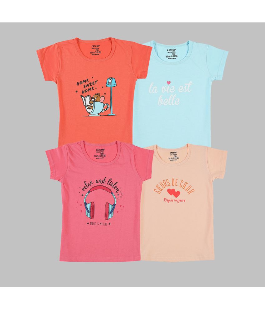    			CATCUB - Multicolor 100% Cotton Girls T-Shirt ( Pack of 4 )