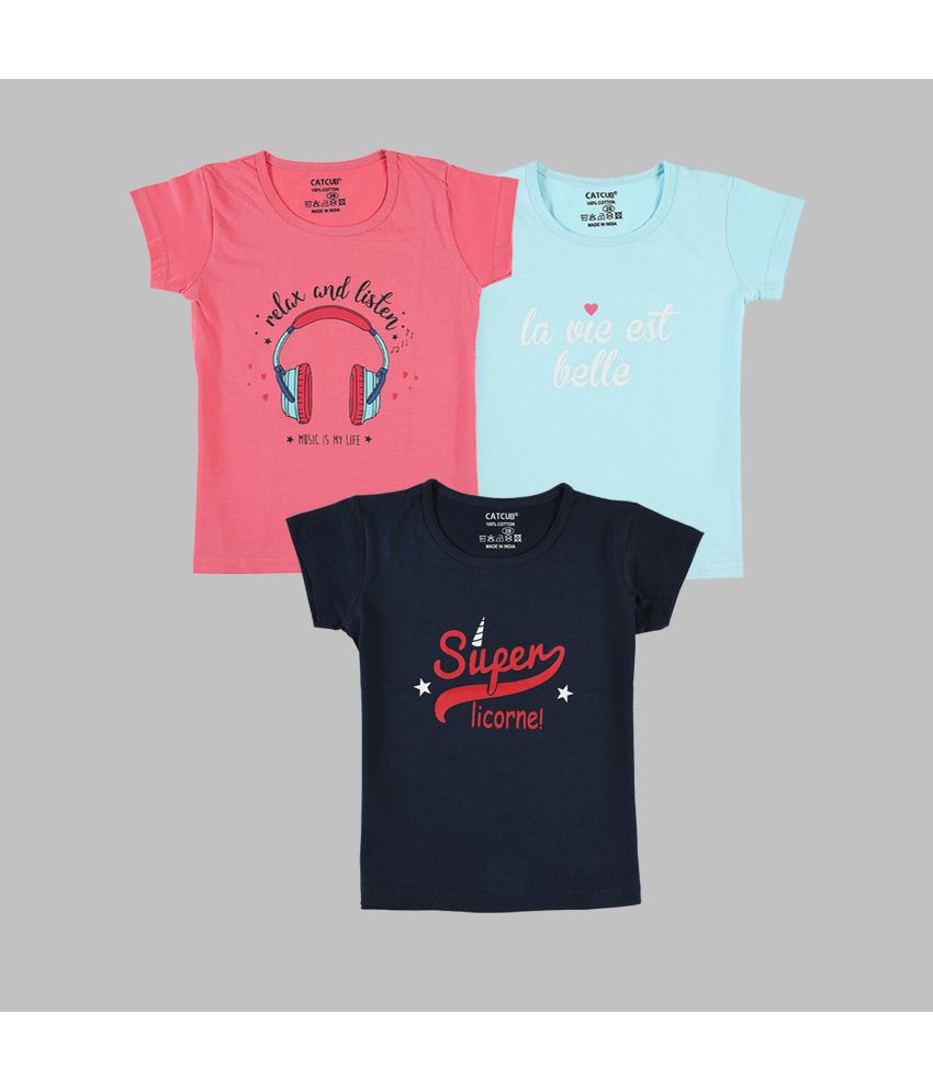     			CATCUB - Multicolor 100% Cotton Girls T-Shirt ( Pack of 3 )