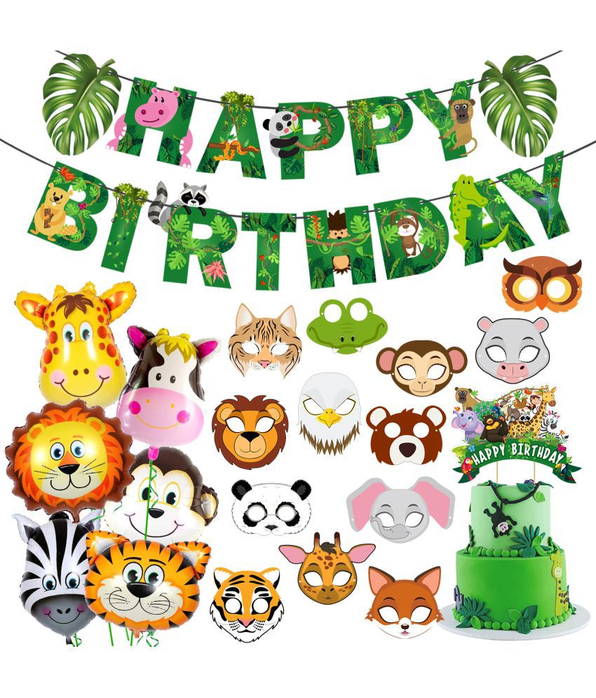     			Zyozi Jungle Safari Birthday Decorations Combo - Banner with Foil Balloons, Sticker And Cake Topper (Pack of 21)