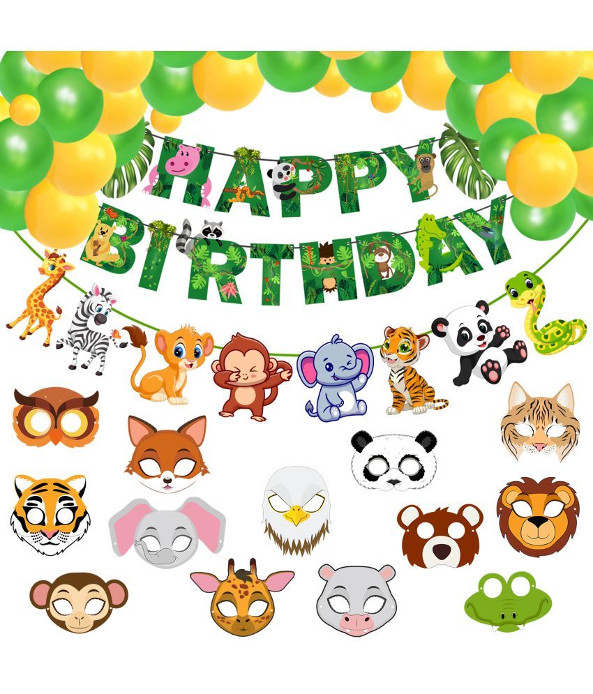     			Zyozi Jungle Safari Birthday Decorations - Birthday Banner, Character Banner, Latex Balloons with Sticker (Pack of 40)