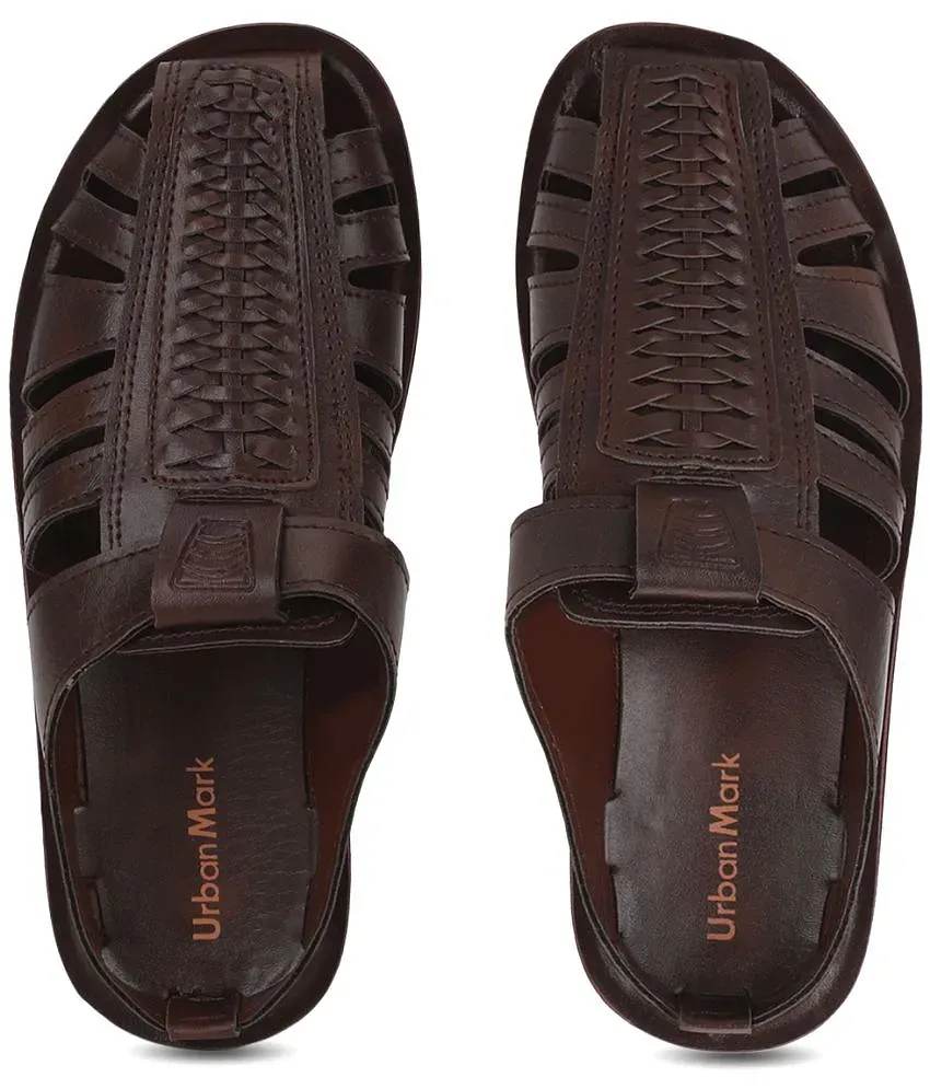 UrbanMark Men Embossed Upper Fisherman Outdoor Sandal Brown Buy