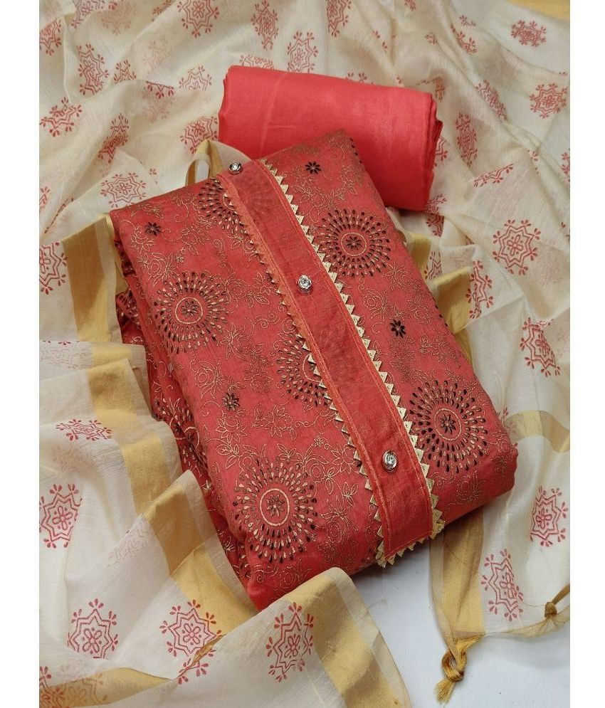     			Apnisha - Unstitched Red Chanderi Dress Material ( Pack of 1 )