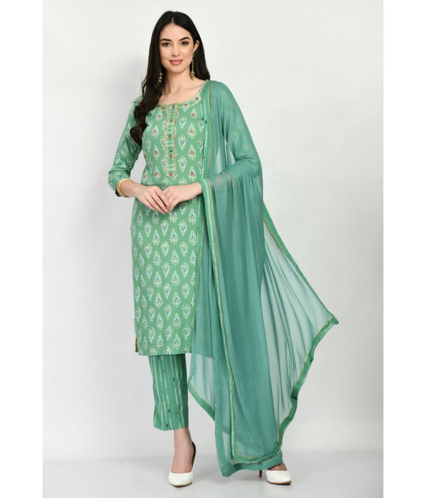     			MAURYA Rayon Embroidered Kurti With Pants Women's Stitched Salwar Suit - Green ( Pack of 1 )