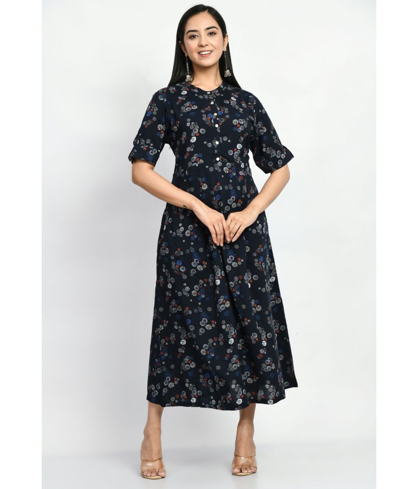    			MAURYA Rayon Printed Midi Women's A-line Dress - Navy Blue ( Pack of 1 )