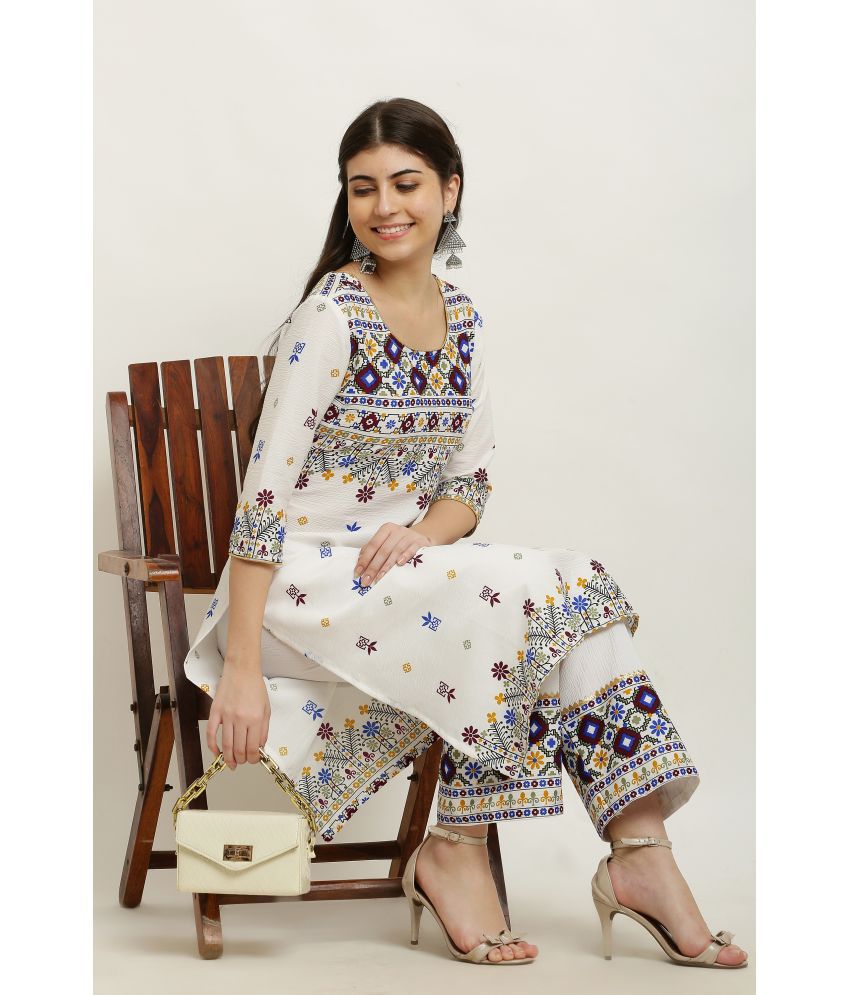     			Pret By Kefi Polyester Printed Kurti With Pants Women's Stitched Salwar Suit - White ( Pack of 1 )