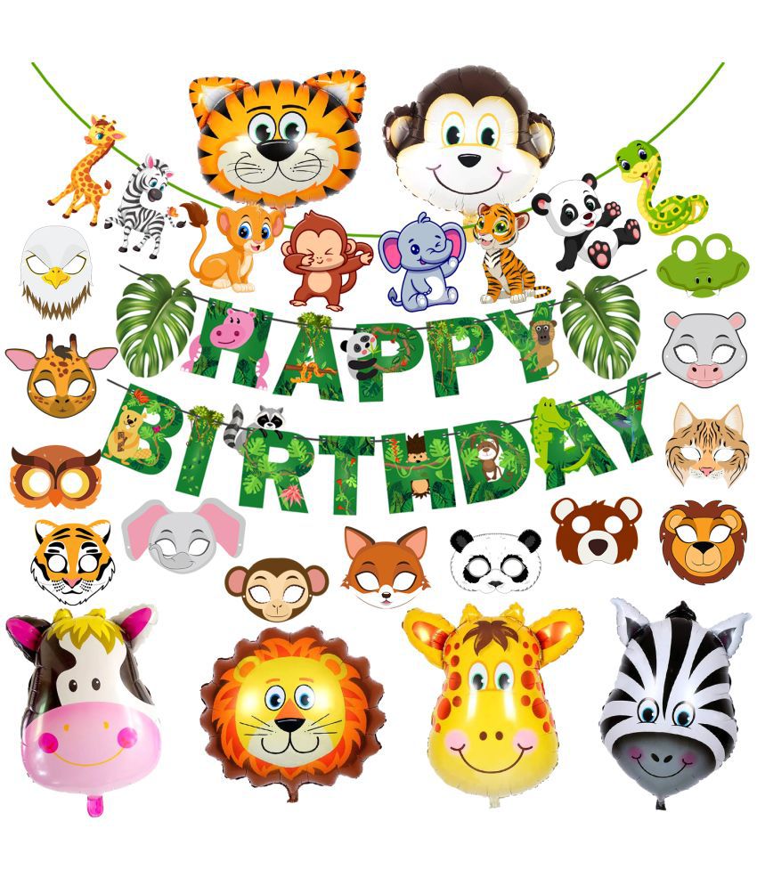     			Zyozi Jungle Safari Happy Birthday Decoration Kids, Birthday Party Decoration Banner with Character Banner, Sticker & Foil Balloons (Pack of 21)