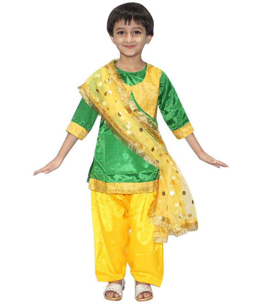     			Kaku Fancy Dresses Indian State Punjabi Folk Dance Costume for Kids/ Salwar Suit with Dupatta For Girl Costume - Green & Yellow, 7-8 Years