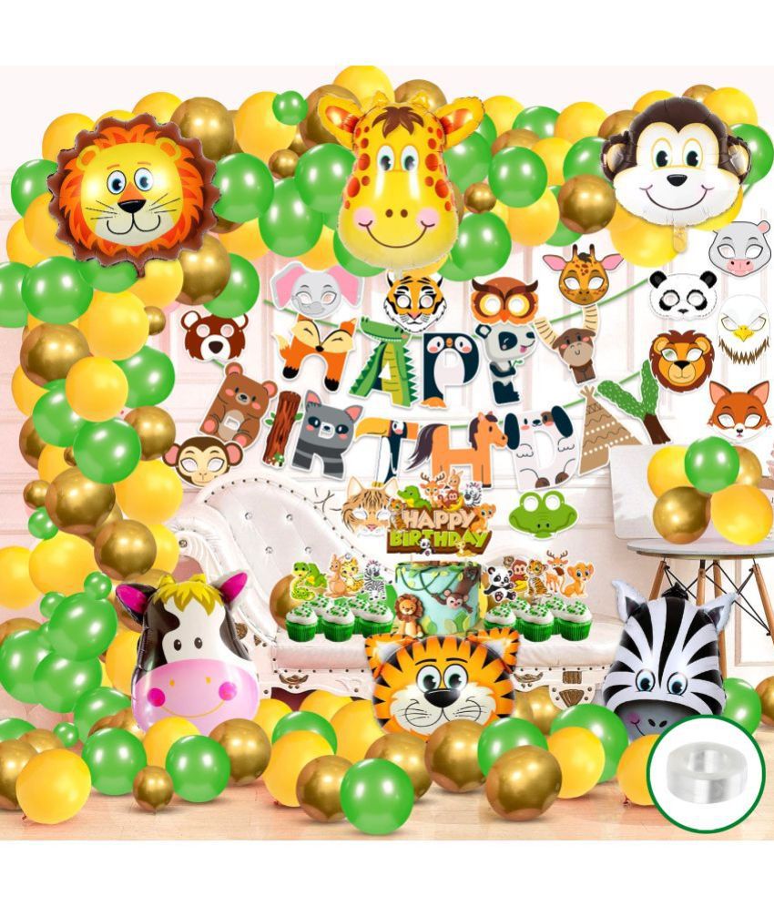     			Zyozi Jungle Safari Happy Birthday Decorations - Birthday Party Banner with Balloons, Cake Topper, Cup Cake Topper, Sticker and Foil Balloons (Pack of 102)