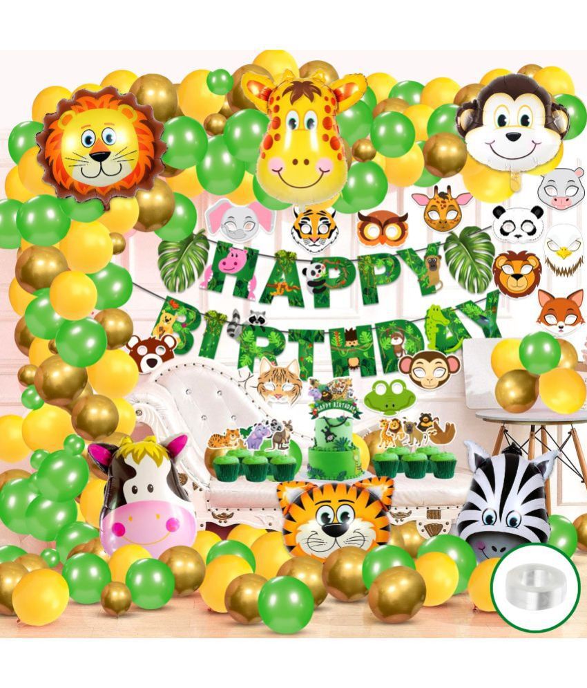     			Zyozi Jungle Safari Happy Birthday Decoration Combo - Birthday Decoration Banner with Balloons, Cake Topper, CupCake Topper, Sticker and Foil Balloons (Pack of 102)