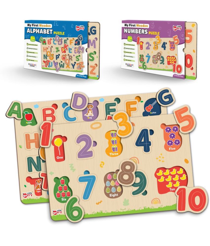     			Little Berry Wooden Puzzle Board with Pictures for Kids (Pack of 2): English ABC & 1-10 Numbers Counting - Knob & Peg Puzzles Games for Boys, Girls, Preschool Children - Learning & Education Wooden Toy  Set - Fun & Learn Puzzle Tray With Knob For Kids