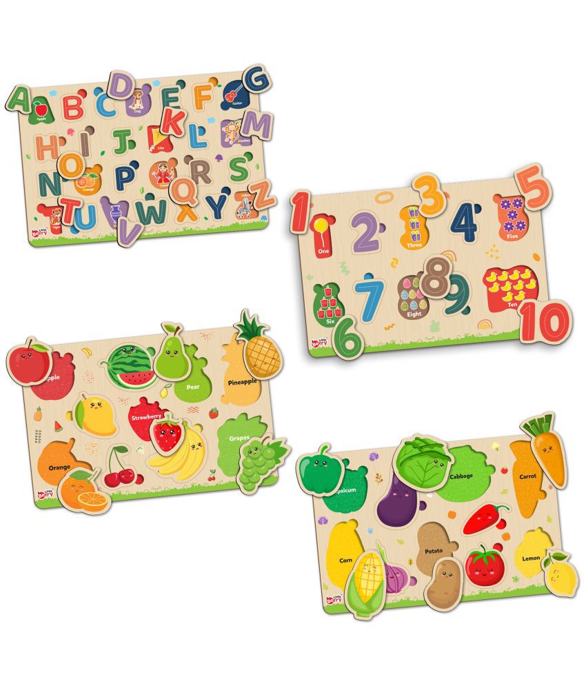     			Little Berry Wooden Puzzle Board with Pictures for Kids (Pack of 4): ABCD Letters Alphabet, Numbers, Fruits & Vegetables - Knob & Peg Puzzles Games for Boys, Girls, Preschool Children - Learning & Education Wooden Toy Jigsaw Puzzle Set With Knob For Kids