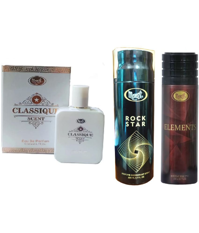     			Monet - CLASSIQUE 50ML ,ROCK STAR 200ML ,ELEMENTS  200ML Eau De Parfum (EDP) For Unisex 450 ( Pack of 3 )