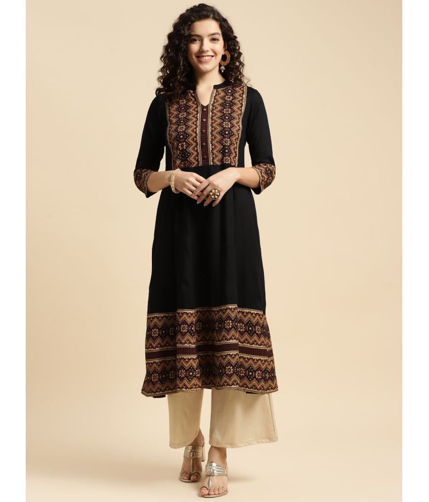     			Rangita Women Rayon Black Ethnic Printed Calf Length Flared Kurti